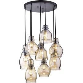 Vintage Pendant Chandelier for Kitchen Island, 8-Light Ceiling Chandelier with Amber Glass Lampshade, Round Antique Finish Ceiling Lighting Fixtures for Dining Room, Cafe, Bar