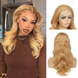 Fugool Honey Blonde Lace Front Wig 13x6 HD Lace Front Wigs Human Hair Pre Plucked 27# Blonde Body Wave Lace Wig 180 Density Colored Glueless Frontal Wigs For Black Women Human Hair 13x6 22 Inch