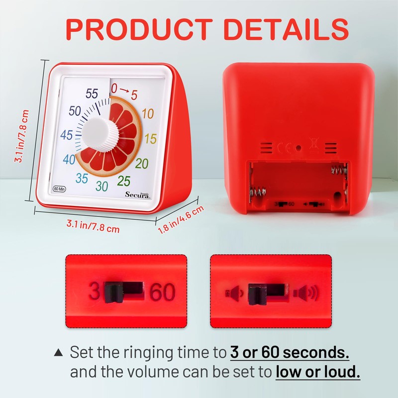 Secura 60-Minute Visual Countdown Timer for Kids & Adults, Classroom