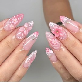 ONPRESS 24 uñas postizas acrílicas con diseño floral de perlas doradas en 3D, diseño de flores, color rosa y blanco, con punta francesa, para primaver