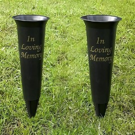 Generic Black Plastic Grave Vases - Set of 2, Classic Round Shape, Weather Resistant with Spiked Base for Fresh or Artificial Flowers
