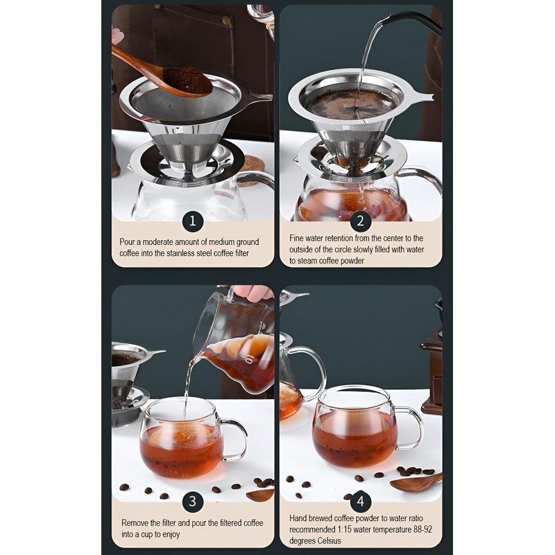 Stainless Steel Pour Over Coffee Filter Cone with Stand, Reusable