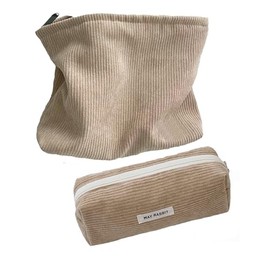 GeorgeX Bolsa de Maquillaje de Viaje para Mujer, Bolsa de Maquillaje Grande Bolsa de Cosméticos de pana Estética para Mujer (2pcs-Caqui)