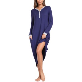 Vlazom Women's Long Nightgown Soft Baggy Nightdress Plus Size Nightshirt V Neck Sleep Dress Sleepwear Loungewear with Pockets, B-Navy, XL