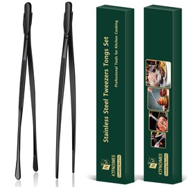 KTFNOMES 2 Pcs 12-Inch Cooking Tweezers Fine Tweezer Tongs, Extra-Long Stainless Steel Kitchen Tweezers, for Grilling, Serving, and Food Preparation,Black