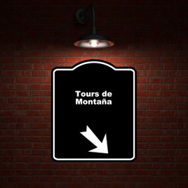 Tours de Montaña Spanish Black Sign Arrow Down Right Aluminum Composite Sign 8.5 x 10 inches