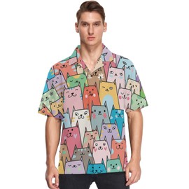 visesunny Colorful Cat Cartoon Animal Hawaiian Shirt Casual Men Button Down Casual Shortsleeve Unisex Beach Aloha Shirts