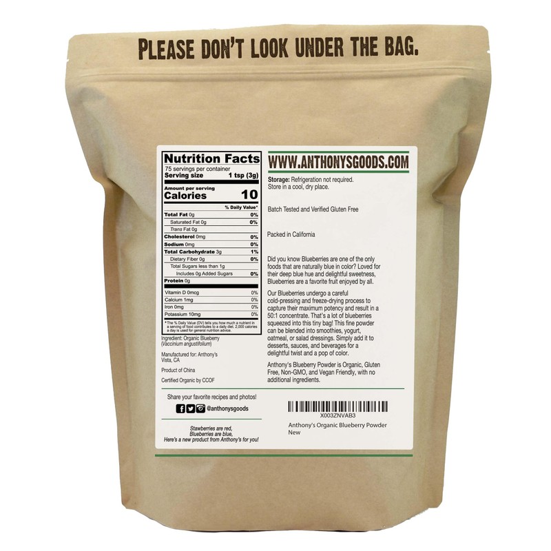 Anthony's Organic Blueberry Powder, 8 oz, Freeze-Dried, Gluten Free, Non
