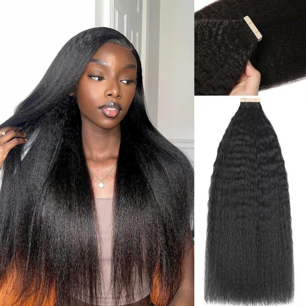 YDDM Kinky Straight Tape-In Hair Extensions, Tape-In Hair Extensions, Human Hair, Black Women, Tape-In Hair Extensions, Human Hair, Kinky Straight Tape-In Extensions, 18 Inches, 60 Pieces, 120 g