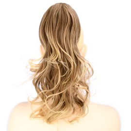 BOBIYA 13 Inches Claw Clip in Loose Curly Synthetic Wrap Around Ponytail Extensions Pony Tail Clip In Extensions (Medium Brown to Light Blonde)