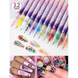 Gorvalin Fine Tips 3D Nail Art Pens, 12 Colors 0.5MM Nail Polish Pens Nail Point Graffiti Dotting Pen Drawing Painting Liner Brush for Home Salon Quickly DIY Nail Art