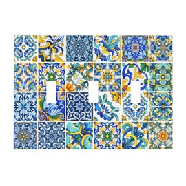 Blue/White Spanish Mexican Tile 3 Gang Triple Toggle Light Switch Wall Plate Cover Decorative Electrical Faceplate for Rustic Barn Door Home Living Room Decorate
