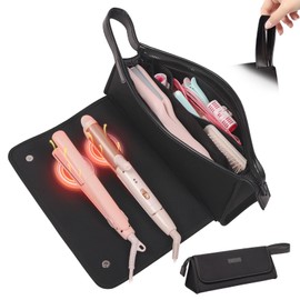 JKAOO Hair Tools Travel Bag and Heat Resistant Mat, 2 in 1 Portable Organizer Hair Travel Case for Curling Iron, Hair Straightener, Flat Irons, PU Hangable Handle, Neoprene (Elegant Black)