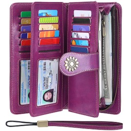 Lavemi Womens Large Capacity Genuine Leather RFID Blocking Wallets Wristlet Clutch Card Holder(Dark Purple)