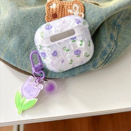 PHOEACC for Airpod 4 Case Cute Aesthetic Flower Shell Pearl Protective Cover with Floral Keychain Compatible with AirPods 4th Generation Case 2024 for Girls Women (Tulip Purple)