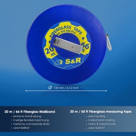 S&R Tape Measure Open Reel Surveyors Fibreglass 20 m/ 66 Ft INCH and Metric, twice marked, Width 13 mm