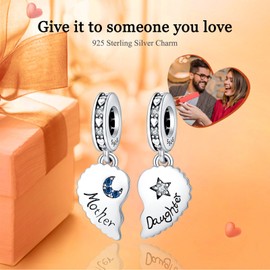 Rimgoris 925 Sterling Silver Charm for Women Bracelets Necklace Mothers Day Heart Ruby Stars and Moon Mother Daughter Portrait Friendship Mom Infinity Love of Life Family Engraved Charm, Silver