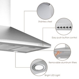 SOONYE 36 inch Stainless Steel Wall Mount Range Hood, 600 CFM Ducted/Ductless Convertible,Kitchen Vent Hood with 3 Speed Controls, 5-Layer Aluminum Filters, 2 LED Lights
