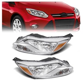 HECASA Pair Headlights Compatible with 2012-2014 Ford Focus Replacement for FO2502299 FO2503299 Driver & Passenger Side Headlamp Clear Lens+Chrome Housing