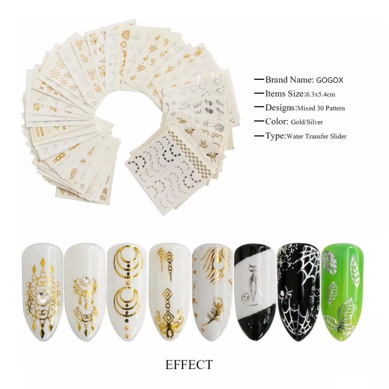 Gogox 30hojas Pegatinas Decoración Uñas Láser Dorado Plata Sticker