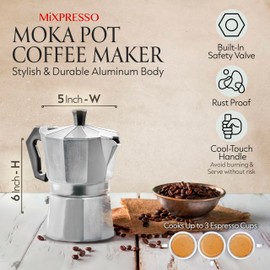 Mixpresso 6 Cup Moka Pot Cuban Coffee Maker, Moka Pot for Gas, Electric Stove Top, Classic Italian Coffee Maker, Stovetop Espresso Maker, Camping Pot Makes 6 Espresso Cup 10 Oz
