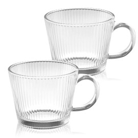 TkoYuHm 13oz Vintage Coffee Mugs 2 pack Striped Glass Tea Cups with Handle Stackable Clear Espresso Cup for Cappuccino Latte Beverages