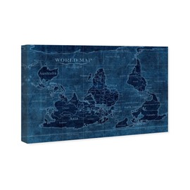 Wynwood Studio Flags Wall Art Canvas Prints 'Upside-Down Map of The World' Home Décor, 30 in x 20 in, Blue, Blue