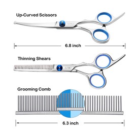 Elfirly Dog Grooming Scissors Set with Round Safety Tip (2 Pack - Curved Scissors Thinning Scissors for Grooming) Pet Grooming Scissors with Grooming Comb for Dogs and Cats