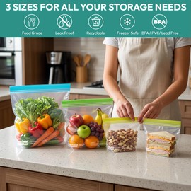 24 Pack Reusable Food Storage Bags Stand Up, Dishwasher Safe BPA Free Gallon Freezer Bags, Extra Thick Leakproof Ziplock Sandwich Snack Bags for Meal Prep Travel（8 Gallon,8 Half Gallon, 8 Sandwich)