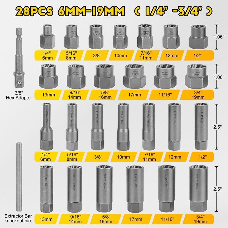 Topec Deep Bolt Extractor Set 28PCS, 3/8" Drive Bolt Extractor