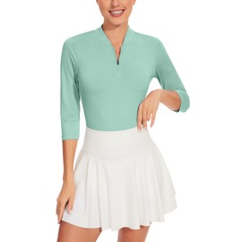 Soneven Women's Collarless Golf Shirts Sleeveless Floral Athletic Polo Shirts Moisture Wicking Tennis Shirts 3/4 Sleeve Polo Shirts