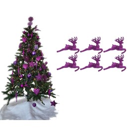 Pack of 6 - Hanging Glitter Reindeer Christmas Tree Decorations - 2.2cm x 9.5cm (Dark Purple)