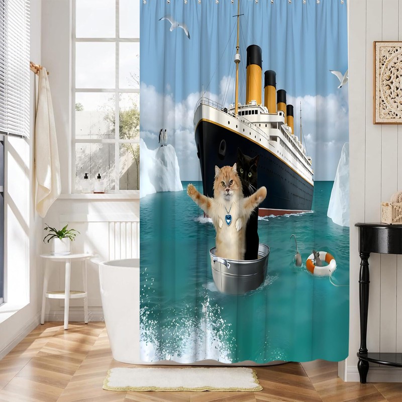 Funny Cat Shower Curtain Cute Black Beige Cat Blue Ocean