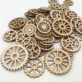 100pcs Mini Gear Wheels Wood Slices Wooden Gear Slices Embellishments Unfinished Wood Ornaments for DIY Craft Decoration (Random Styles)