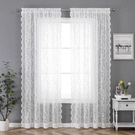 Bujasso White Sheer Lace Curtains 72 inch Vintage Floral Sheer Window Curtain Panels for Living Room Bedroom Elegant Light Filtering White Drapes Window Treatment Sets Rod Pocket 2 Panels 54" Wx72 L
