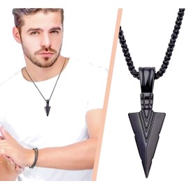 Fashion Jewelry LARGE TRIBAL ARROWHEAD ARROW SPEAR NATIVE Black Chain 24" Necklace Pendant men