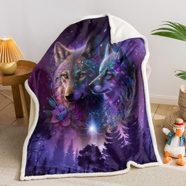 AILONEN Wolf Fleece Sherpa Blanket,Purple Starry Night Galaxy Wolf Throw Blanket,Wolf Head Print Blanket, 70 x 55 Inches Cozy Soft Warm Safari Animals Theme Blanket for Bed Couch,Boys Girls Blanket