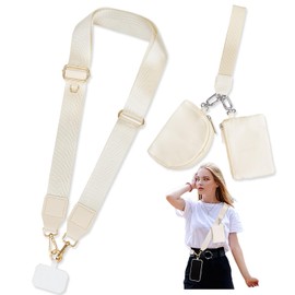 Phone Lanyard Crossbody with 2 Zipper Wallets, 2 Pcs-Save Girls Phone Strap Crossbody & Wrist Lanyard-1 Pad, Clip & Go Cellphone Strap with Pouch for Women, Universal Lanyard for Travel (Beige)