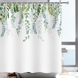 YISURE Shower Curtain Green Eucalyptus Leaves 220 cm Height, Polyester Plant Natural Fabric Bathtub Textile Washable with Weight for Bathroom Width 200 x Height 220 cm