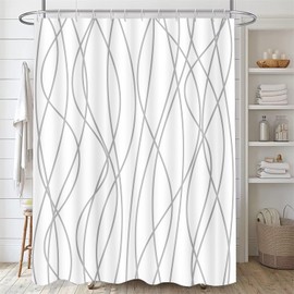 youyouplus 70.8x70.8 Inches Waterproof Shower Curtain, 12 Hooks, Gray and White Striped Design, Weighted Hem, Bath Accessories Hotel Style, Washable Fabric.