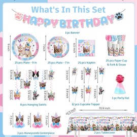 177pcs Cat Birthday Decorations Include Cat Party Plates and Napkins Set, Banner, Hanging, Tablecloth, Party Hat, Cupcake Topper, Table Decor, for Kitten Girls Birthday Party Decorations, Serves 25