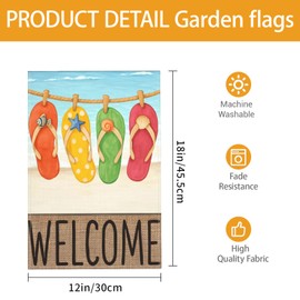 Summer Beach Flip flop Garden Flag,12 x 18 Inch Double Sided Welcome Seasonal Summer Design Burlap Farmhouse Holiday Outdoor Yard Flag Decoration