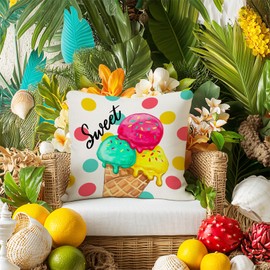 GEEORY Summer Pillow Covers 20x20 Inch Set of 4, Icecream Hello Sunshine Happy Summer Farmhouse Decorative Throw Pillowcases for Home Sofa Couch Decoration G709-20