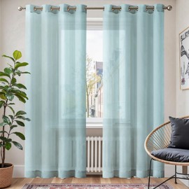 TOPICK Curtains with Eyelets Living Room Curtain Curtains Bedroom Curtains Living Room H 260 x W 140 cm, Transparent Linen Look Overcurtains Sky Blue Window Curtain Eyelet Curtain Set of 2
