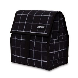 PACKIT Freezable Insulated Lunch Bag - Classic Lunch Cooler Bag, Compact Foldable Design, Leak-Proof, BPA-Free, Buckle Handle, for Adults and Kids (Black Grid)