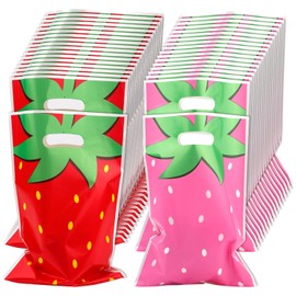 BOXOB 60 Pcs Strawberry Party Favor Bags, Cute Red Pink Plastic Strawberry Themed Goodie Bags for Birthday Baby Shower Wedding Party Supplies