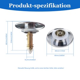 Pop Up Ablaufventil 66mm, Verchromtes Metall Pop-Up-Stopfen, Waschbeckenstöpsel Pop Up Ablaufventil 66mm, Messing Poliert Chrom Mit Pop Up Schraube für Waschbecken Badezimmer Ablaufgarnitur