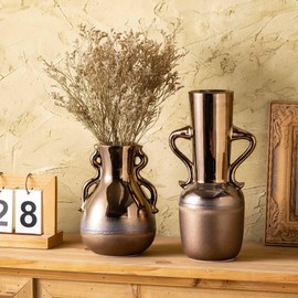 Gold Ceramic Vase with Handles, Brown Rustic Farmhouse Vintage Flower Vases Home Decor, Modern Amber Brown Tall Centerpiece Floral Small Vase for Living Room, Bedroom, Office Metal Glaze Finish 7.3 In