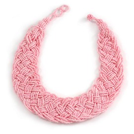 Avalaya Chunky Wide Pale Pink Glass Bead Plaited Necklace/ 53cm L