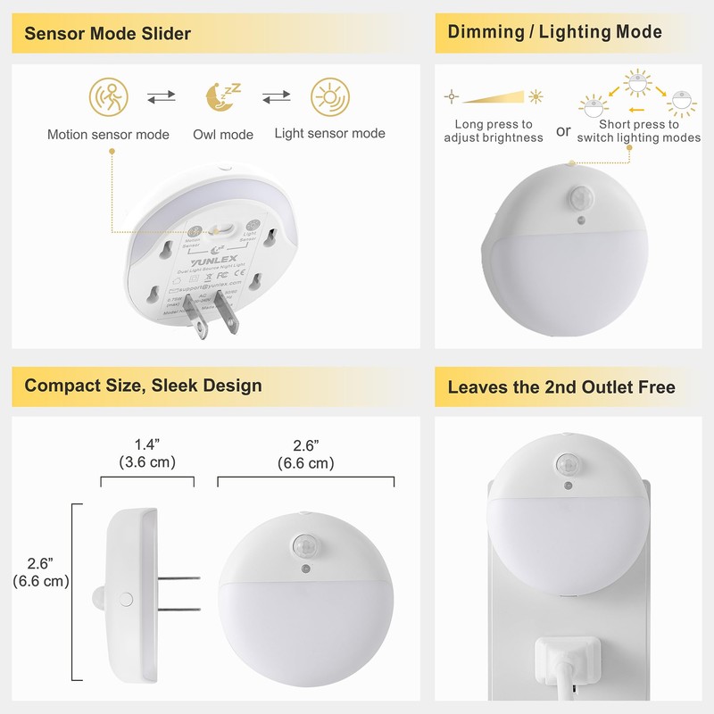 YUNLEX Amber Motion Sensor Night Lights Plug into Wall, 2
